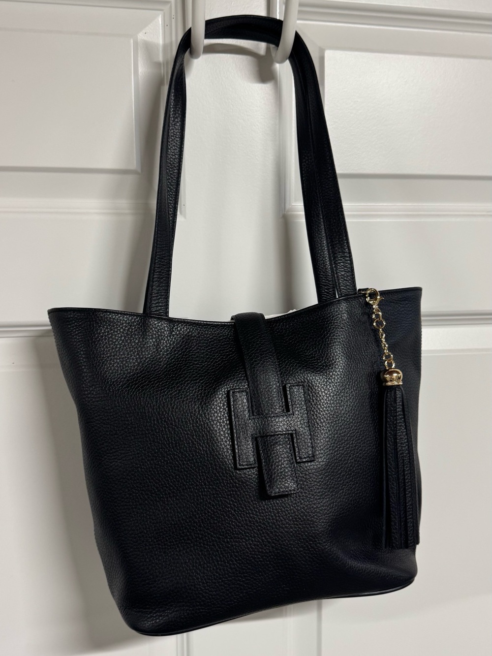 Black Italian Leather Tote with Large “H” & Tassel Accent NWOT
